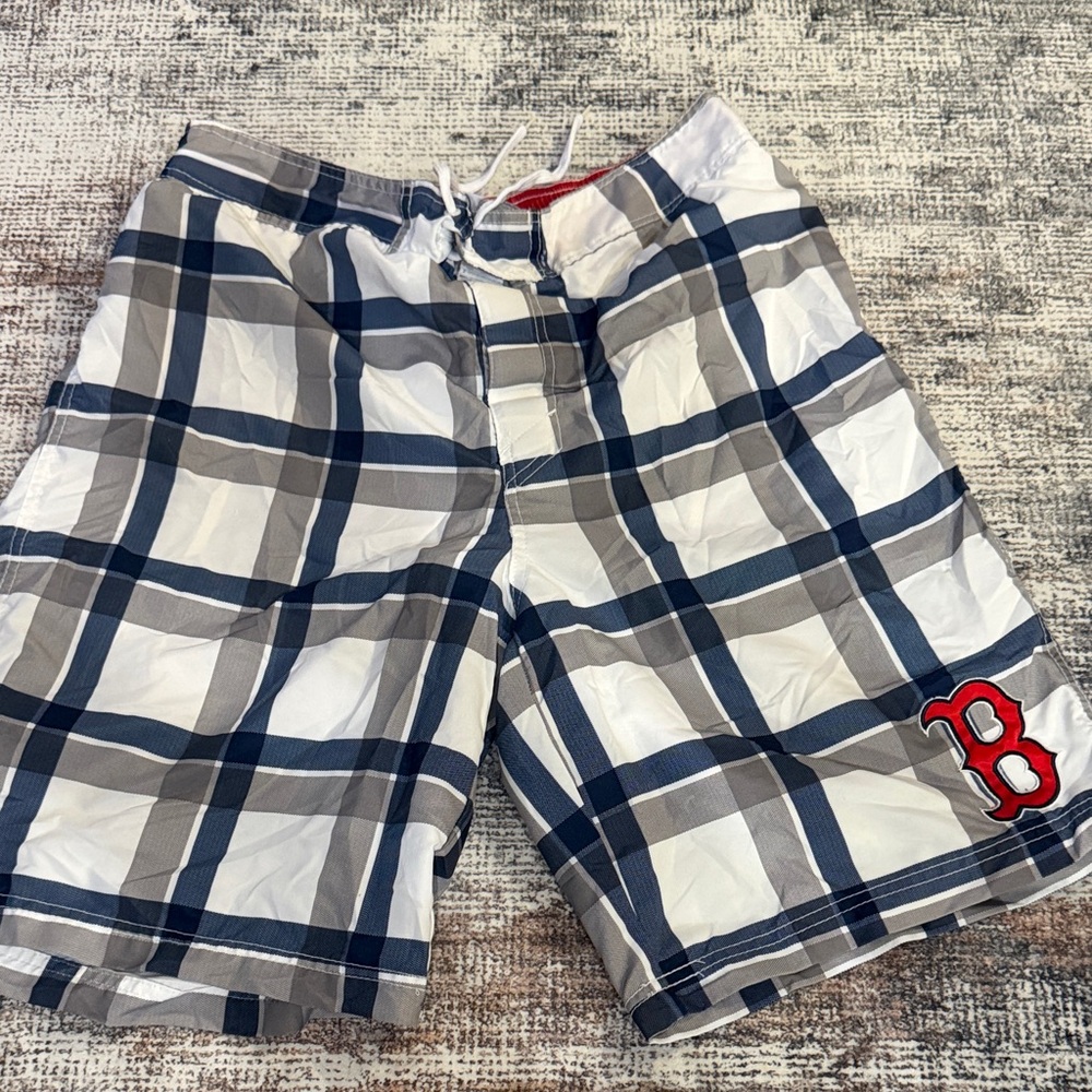 Men's Plaid Swim Trunks - Blue & Gray w/ Red Sox Logo